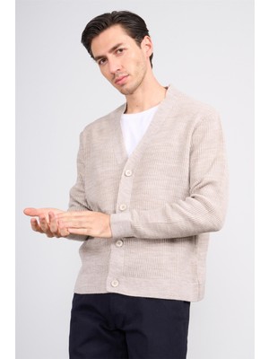 Çetinkaya Mentality 5296 V Yaka 1/18 Akrilik Triko Hırka Bejmelanj