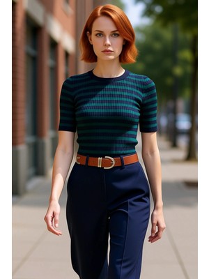 PayBuy Kadın Pembe Koyu Pembe Çizgili Bisiklet Yaka Kısa Kollu Triko Üst Ince Kalıp Regular Boy Cool &