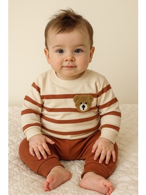 bebekyol Ayı Nakışlı Çizgili Bebek Takımı