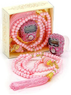 Online Taşlı Zikirmatik - Inci Tesbihli Hediyelik Set - Pembe Renk