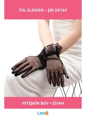 Letsii Likralı Güpürlü Siyah Tül Eldiven