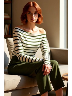 FRM Kadın Şık Regular Kayık Yaka Düşük Kol Slim Kalıp Örme Düz Yumuşak Kumaşlı Fitted Vücuda Oturan Bluz