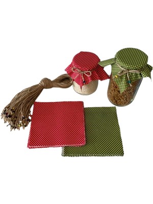50 Adet Kırmızı ve Yeşil Puantiyeli Kırmızı Kavanoz Kapağı Kumaşı (Örtüsü) ve Boncuklu Bağlama Ipi