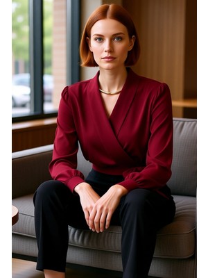 FRM Kadın Moda Şık Üst Giyim Crop V Yaka Balon Kol Regular Kalıp Örme Kruvaze Kapamalı Esnek Bluz