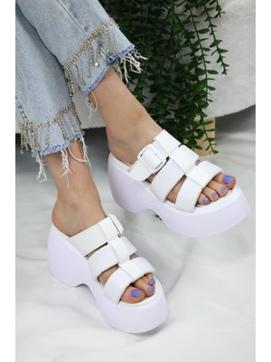 Asmi Shoes Kadın Mikeno Üç Biyeli Toka Detaylı Kalın Taban Ortopedik Terlik  Beyaz