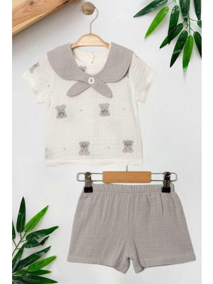 Dinamik çocuk Avcı Yaka Ayıcık Raporlu Müslin 2li Takım Unisex Kız Erkek Bebek Yazlık Alt Üst Aylık