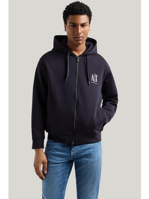 Armani Exchange Erkek Regular Fit Fermuarlı Kapüşonlu Sweatshirt - Lacivert