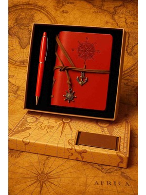 Wolawood Vintage Deri Kapaklı Pusula Tasarımlı Kraft Eskitme Sayfa Spiralli Kırmızı Çizgisiz Defter & Touchpen Tükenmez Kalem Özel Kutulu Hediyelik Set