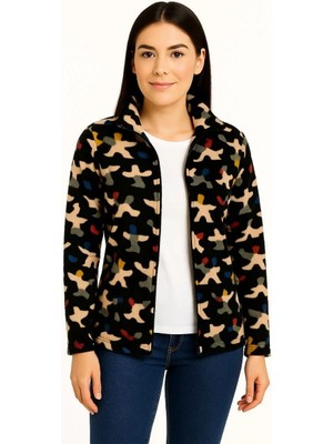 Kadın Tam Fermuarlı Desenli Polar Sweat – Siyah Multicolor Figür Desen Yakalı, Uzun Kollu, Oversize Rahat Kalıp - Siyah