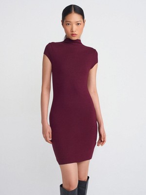 Dilvin Dik Yaka Streç Mini Elbise-Açık Bordo
