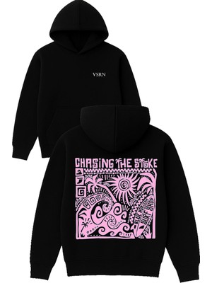 Vsrn Chasing The Stoke Tasarım Baskılı Oversize Siyah Kapüşonlu Sweatshirt