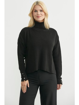 Sementa Tam Balıkçı Arkası Uzun Triko Kazak - Siyah