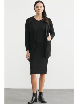 Sementa Büyük Beden Cepli Uzun Triko Hırka - Siyah