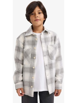 DeFacto Oversize Geniş Kalıp Polo Yaka Ekose Desenli Flanel Uzun Kollu Gömlek Erkek Çocuk G3297A825WN