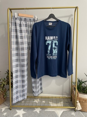 Rimoli Hawaii Baskılı Süprem Nefes Alabilen İnce Mevsimlik Kumaş Ekose Desen Uzun Kollu Pamuklu Erkek Pijama Takımı