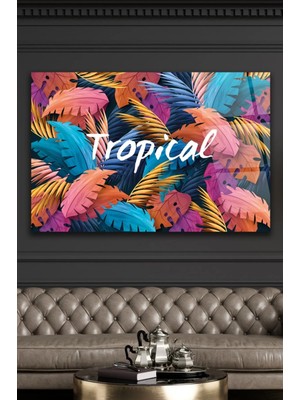 AR AJANS KANVAS TABLO Tropical Temalı Renkli Palmiye Ağacı Yaprakları Cam Tablo
