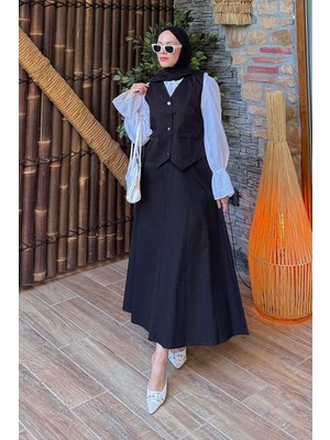 Lamelif Gabardin Yelek-Etek Ikili Tesettür Takım Siyah