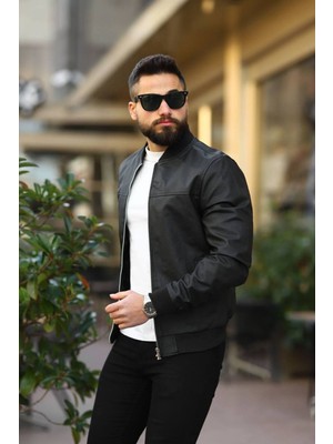 Baselco Erkek Slim Fit Bomber Ceket Suni Deri Modern Tasarım ile Şıklığınızı Koruyun