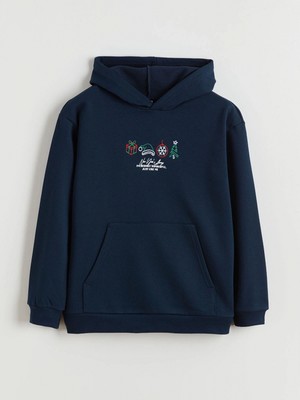 LC Waikiki Lcw Kids Lacivert Kapüşonlu Yılbaşı Temalı Erkek Çocuk Sweatshirt