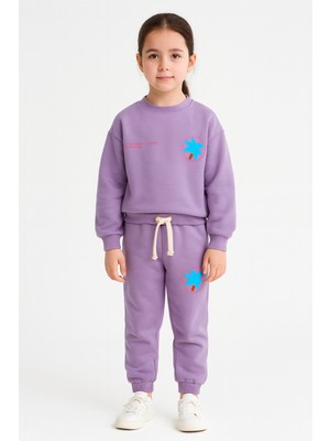 Kr Kids Butik Çocuk Eşofman Takımı 2’li – Lila Sweat + Palm Desenli Jogger