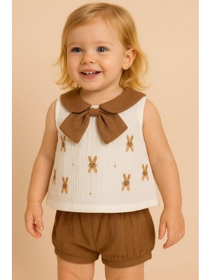 Dinamik çocuk Kız Bebek Yazlık Müslin Takım Fiyonklu Tavşan Desenli Bebe Yaka Kolsuz 2li Alt Üst 3-6-9-12-18-24AY