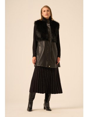 Ftz Women Bayan Pelüs Detay Deri Yelek  Siyah 31243