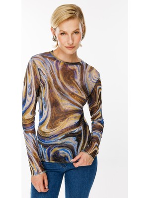 Accort Likralı Tül Bluz-Mavi