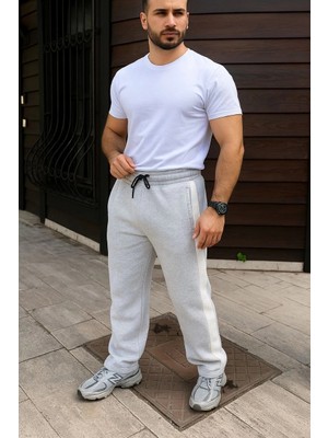 Erkek Üç Iplik Kışlık Pamuklu Yandan Garneli Kalın Bej Şeritli Cepli Eşofman Altı - Gri