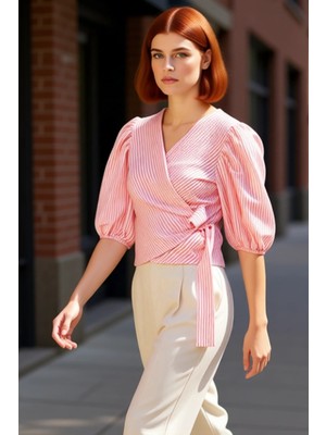 PayBuy Şık Çizgili Gofre Bluz V Yaka Balon Kol Yazlık Rahat ve Özel Tasarım Kaliteli Işçilik