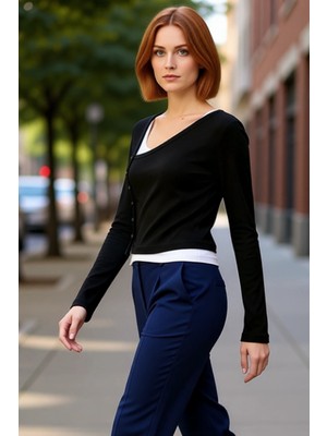 PayBuy Kadın Asimetrik Yaka Düğmeli Vücuda Oturan Esnek Örme Uzun Kollu Kaliteli Şık Rahat Modern