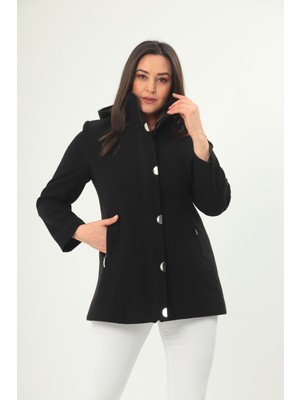 Mezure Kapüşonlu Cepli Kaşe Kaban Çıtçıtlı Büyük Beden