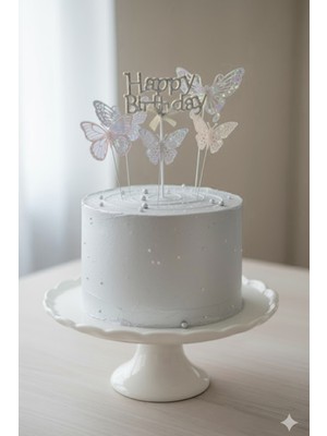 Pastry Planet Pasta Üstü Happy Birhtday & Kelebek Süs Seti Gümüş