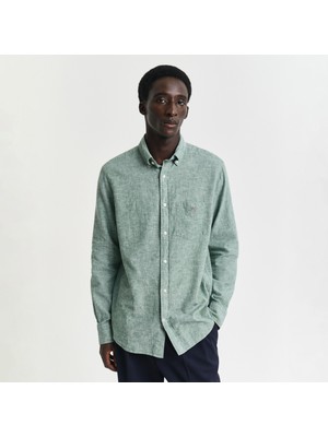 Gant Erkek Yeşil Regular Fit Düğmeli Yaka Keten Gömlek