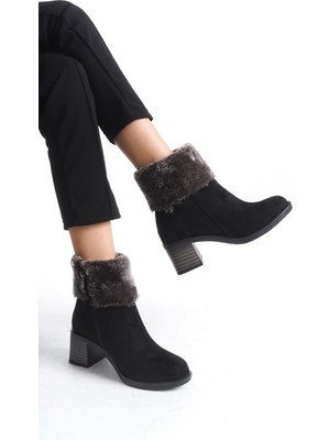 Joy Woman Katya Fermuarlı Ortopedik Taban Topuklu Kürk Detaylı Süet Kadın Bot  Sst - Siyah