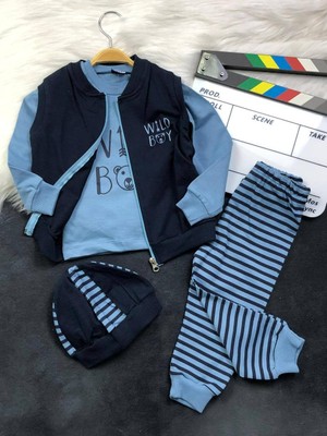 Narin Kids Detaylı Şapkalı Yelekli 3'lü Erkek Bebek Takım