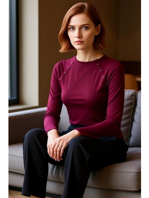 FRM Kadın Düğme Detaylı Dik Yaka Uzun Kollu Fitted Örme Üst Kaliteli Şık Rahat Modern Zarif Günlük