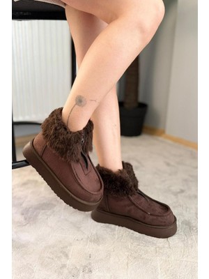 Preshley Kadın Impera Kahverengi Süet Kürklü Fermuarlı 4 cm Kalın Tabanlı Kısa Bot