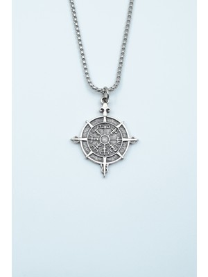IDR Viking Vegvisir Pusula  Gümüş Kaplama Örme Zincir Kolye