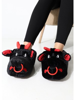 Wordex Hayvanlı B20 Boğa Modelli Kışlık Kadın Erkek Panduf Ev Içi Sessiz Taban Panduf