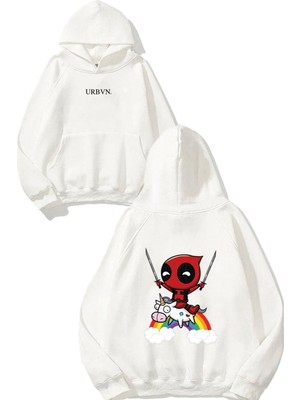 Urbvn Deadpool Unicorn Tasarım Baskılı Oversize Beyaz Kapüşonlu Sweatshirt