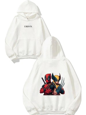 Urbvn Deadpool Wolverine Duo Tasarım Baskılı Oversize Beyaz Kapüşonlu Sweatshirt