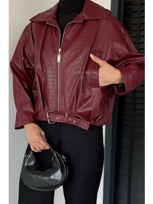 Gülseli Kadın Çift Cepli Kemer Detaylı Kendinden Desenli Suni Deri Ceket P-00018887