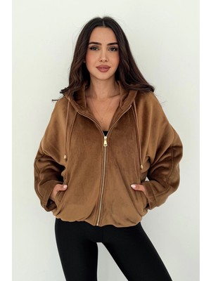 Kürk Kumaş Kapşonlu Mont Kahverengi