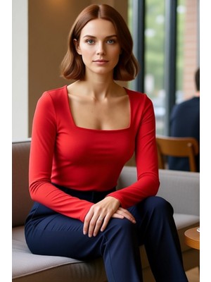 FRM Kadın Moda Şık Üst Giyim Regular Kare Yaka Slim Kalıp Örme Pamuklu Fit Bluz