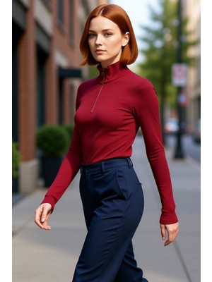 PayBuy Kadın Fitted Vücuda Oturan Dik Yaka Fermuarlı Uzun Kol Esnek Örme Bluz Modern Cool & Comfort Tarzı