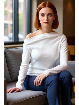 FRM Kadın Moda Şık Üst Giyim Uzun Kayık Yaka Slim Kalıp Örme Drapeli Asimetrik Esnek Bluz