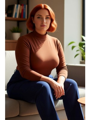 FRM Moda Büyük Beden Dik Yaka Örme Fit Düz Desen Casual Günlük Regular Uzun Kol Bluz