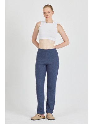 Mmetalic Kadın Indigo Yüksek Bel Fitilli Bol Paça Günlük Ince Eşofman Altı Pijama