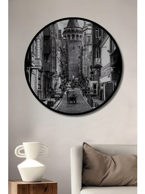 Teona Ahşap Dekoratif Ahşap Yuvarlak Çerçeve Görünümlü Tablo Galata Kulesi Sokak