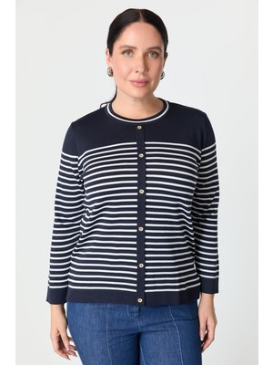 Accort Büyük Beden Çizgili Triko Kazak-Lacı